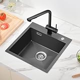 Spülbecken Schwarz 45 x 45 cm, Auralum Spüle Edelstahl Anthrazit 1 Becken, Einbauspüle Schwarz mit Hahnloch, Küchenspüle Edelstahl inkl. Siphon und Abflusssieb