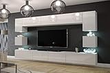 Furnitech Wohnwand Wohnzimmer - Wohnzimmer Möbel mit LED Weiß - Hängend Wohnwand Modern - Wohnzimmer Schrankwand mit Regale und TV Schrank (Nowara AN1-17W-HG21 1C)