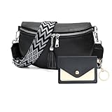 Kleine Umhängetasche Damen mit Breitem Gurt, Bauchtasche Echt Leder Damen Stylisch mit Vielen Kartenfächer, Crossbody Bag Damen Klein, Münzbörsen für Damen Senden (Schwarz)