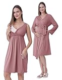 SUNNYBUY Umstands- und Stillnachthemd mit Morgenmantel 2-teilig | 3-in-1 Schwangerschafts Nachtkleid Set für Geburt, Wochenbett & Stillzeit, Krankenhaus Nachtwäsche, Altrosa M