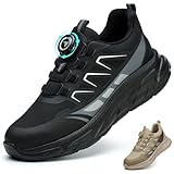 BAXIWUY Sicherheitsschuhe Herren Arbeitsschuhe Damen Sportliche Leicht Atmungsaktiv Schnürsenkel Schnellverschluss Drehverschluss Stahlkappenschuhe, Schwarz, 44 EU