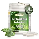 Ornithin Kapseln Hochdosiert - L-Ornithin mit 1000mg Ornithin pro Tag (120 vegane Kapseln) - essentielle Aminosäure zur Unterstützung des Ammoniakstoffwechsels - ohne künst. Zusätze - Greenfood