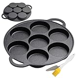 Gusseisen-Pfannkuchenpfanne - 30,5x30,5 cm Flache Grillpfanne für Eier | Gusseisen Antihaft, 7-Loch-Design Pancake-Maker mit Kleinem Spatel und Öl-Pinsel, Mini-Pancakes, Omeletts, Crêpes, BBQ, Camping