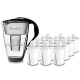 GLAS-Wasserfilter PearlCo (schwarz) mit 12 Classic Filterkartuschen - Reduzierung von Kalk, Chlor, Blei & Kupfer mit Glaskanne - kompatibel zu Brita Classic - Made in EU