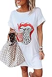 Uusollecy Damen Sommerkleid Kurzarm Tshirt Kleider, Rundhals Leopard Print Casual Loose Kurzes Shirtkleider Weiß L