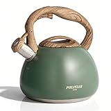 Poliviar Wasserkessel Induktion, Edelstahl Pfeifkessel, Teekessel für alle Kochplatten, Flötenkessel mit Holzmasergriff, Wasserkocher für Tee & Kaffee, max. 2.7L, Wildes grün