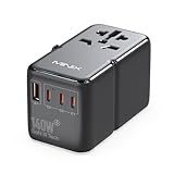 MINIX Universal-Reiseadapter, 140 W GaN III, internationaler Netzadapter, 3 USB-C-2-USB-A-Anschlüsse, AC-Steckdose, weltweites Reise-Ladegerät für Laptops, Tablets, Handys und mehr