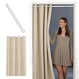 tinycurtains, Thermo Türvorhang mit Teleskopstange, einfache Montage in nur 1 Minute ohne Bohren (Türgardine beige H195 x B150 cm + Stange weiß B55-90 cm)