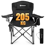 FUNDANGO Campingstuhl Faltbar 205KG Übergroßer Camping Stuhl Gepolster mit Verstellbarer Rückenlehne, Klappstuhl Camping mit Getränkehalter & Kühltasche XXL Angelstuhl Outdoor Stuhl, Schwarz/Grau