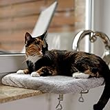 lionto Fensterliege für Katzen gepolstert aus Plüsch, 35x50 cm, Katzenbett für Fensterbänke, Montage ohne Bohren, Abnehmbarer und waschbarer Bezug, belastbar bis 15 kg, hellgrau