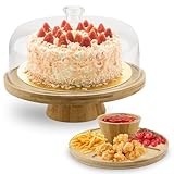 UVVRUR 6-in-1 Tortenständer mit Holzfuß und Kunststoff-Abdeckhaube, Kuchenplatte Rund, Dekorativ für Backen und Partys (A)
