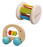 Classic World Baby Holzspielzeug Set Schiebe Elefant Rassel mit Räder + Rundrassel aus Holz