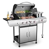 Electactic 4-Brenner Gasgrill mit Seitenbrenner, Porzellan-Emaillierte Gusseisenroste Backform, 42.000 BTU Edelstahl Propangasgrill für Outdoor-Kochen und Terrassengrills