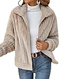 HUXRAKV Mantel Damen Herbst Winterjacke damen Warme PlüSchjacke Wintermantel ReißVerschluss Einfarbig Pelzmantel mit Taschen Revers Jacke,WD20-Aprikose 1,M