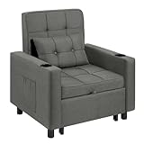 WOLTU Schlafsessel, Relaxsessel Bettsessel Gästebett 3 in 1, Klappsessel mit Schlaffunktion, Sessel mit Liegefunktion, mit Getränkehaltern, Seitentaschen, 2 Kissen, Leinenbezug, Dunkelgrau