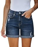 Vetinee Shorts Damen Sommer Locker High Waist Jeans Shorts Damen Dunkelheit Blau Größe Large Passt EU Größe 42 bis EU Größe 44