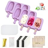 3 Stück Silikon Eisformen, Eis Am Stiel Formen, Große Popsicle Formen mit Deckel, Lila Silikon Eisform mit 100 Holzstielen 100 Selbstklebende Beutel 100 Verpackungsdraht 100 Aufkleber MERHWEG