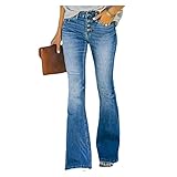 Sawmew Damen Schlaghose Y2K Mode High Waist Bootcut Pant Weite Bein Boyfriend Stretch Skinny Jeans Hosen Vintage Leopard Jeanshose Schlagjeans Streetwear (Color : Blue, Size : L)