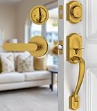 Calzibeno Haustürschloss Set, Messing Haustürgriff und Riegel Set, Vintage Außentürschloss Set, Haustürgriff mit Einzylinder, Wendbar für Rechts & Links, Antik Messing