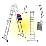 PROREGAL Sprossen-Mehrzweckleiter MULTISTEP, Gerüstplattform 4-teilig Aluminium 4x4 Sprossen 4,6 m Höhe Traglast 150k g Arbeitsgerüst Stehleiter Anlegeleiter