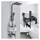 EBAYTV Duschsystem, Schwarzes Messing-Duscharmatur-Set, Regen-Badewannenarmatur mit Badezimmerregal, 4 Funktionen, höhenverstellbarer Duschmischer-Kran(Brushed Gold-4Way-10)