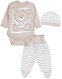 TupTam Baby Mädchen Jungen Bekleidungsset Langarmbody Hose Mütze mit Aufdruck Spruch 3 teilig, Farbe: Teddybär Beige, Größe: 50