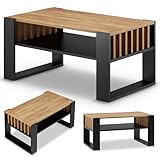 defiPad® Modern Couchtisch mit Stauraum | 92CM Breite Kaffeetisch mit Lammelas | Großer Wohnzimmertisch Eiche | Massiv und Stabil Wohnzimmer Tisch | Coffee Table | (Schwarz + Eiche)