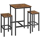 VASAGLE Bartisch mit Barhocker-Set, Esstisch mit 2 Stühlen, Küchentisch klein, Barstühle, für Esszimmer, Küche, vintagebraun-tintenschwarz LBT017B01