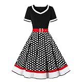 Rockabilly Kleider Damen 50er Jahre Petticoat Kleid Vintage Audrey Hepburn Kurzarm V-Ausschnitt Polka Dot Swing Coctailkleid Hochzeit Gast Festlich Knielang Sommerkleid Abendkleid Schwarz S