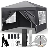 LEADZM Pavillon 3x3m,EIN klick Verriegelung,Faltpavillon,Wasserdicht,Winterfest,Höhenverstellbar,UV Schutz 50+,Gartenzelt,Partyzelt,Stahlrahmen,mit 4 Seitenteilen,für Garten,Party,Camping Dunkelgrau