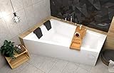 ECOLAM® Badewanne Intima Duo Eckwanne für Zwei 180x125 cm LINKS + Ablage Bambus + Schürze aus Acryl + 2x Kopfstütze Ab- und Überlauf Automatik Füße Silikon