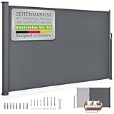 Juskys Seitenmarkise Dubai 160 x 300 cm ausziehbar Blickdicht, Sichtschutz für Balkon & Terrasse, Seitenrollo mit Wandhalterung - grau