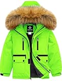GEMYSE Jungen Skijacke Warm Jungen Winterjacke Wasserdicht Atmungsaktiv mit Pelzkragen Winddicht Outdoorjacke für Kinder(Fluoreszierendes Grün,116-122)