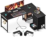 ODK Schreibtisch mit Schubladen, Schreibtisch L Form mit Steckdosen und USB-Ladeanschluss, Reversibler Schreibtisch mit Stauraum für das Heimbüro, Schwarz, 135×100cm