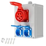 TEOV Kombi Wandsteckdose, CEE-Steckdose 5 polig 16A 400V + 2x Schuko-Steckdose 220V, IP44 Wandsteckdose mit Abdeckung