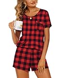 Ekouaer Shorty Pyjama Damen Schlafanzug Kurz Nachtwäsche Pyjamas Set Schlafanzüge Zweiteiliger Nachtwäsche Hausanzug, Plaid, M