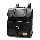 DokinReich Retro PU-Leder Vintage Rucksack Wanderrucksack Backpack Damen Herren Schultertasche für 13 Zoll Laptop Schwarz