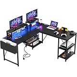 Flamaker Gaming Tisch l Form 140x140 cm - Eckschreibtisch mit RGB LED, Monitorständer & Ablagefach | 2 Steckdosen + 2 USB-Anschlüsse (Schwarz)