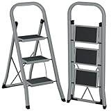 AMHANCIBLE Trittleiter, Leiter mit 3 Stufen, bis 150 kg belastbar, Klapptritt mit breitem Anti-Rutsch-Pedal und Klappsicherung, Einfach zu Verstauen, Perfekt für Küche & Haushalt, Taubengrau EBSL03GY