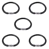Wlauqueta 5X Schmuck Armband, LEder Edelstahl, Geflochten Echtleder Armreif, fuer Herren Damen, Schwarz - Breite 6mm - Laenge 18cm