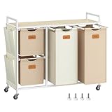 VASAGLE Wäschekorb 4 Fächer, Wäschesammler 150 L, Wäschesortierer, Rollen, Wäschewagen mit Ablage, Wäschesack, kleine seitliche Taschen, 6 Etiketten, naturbeige-kamelbraun-cremeweiß BLH203N01