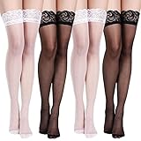 4 Paar StrüMpfe Damen Oberschenkel Hohe StrüMpfe Spitzen Seiden Damen-Spitze-Oberschenkel-Hohe Schwarze Transparente Halterlose StrüMpfe StrüMpfe Seidige Strumpfhose Strumpfwaren Leggings Lange Socken