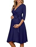 KOJOOIN Damen Umstandskleid Schwangerschafts Kleid für Schwangere Stillkleid V-Ausschnitt Langarm mit Taillengürtel（Verpackung MEHRWEG） Blau M