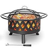 Feuerschale, Ø 76cm Feuerkorb mit Funkenschutz und Schürhaken, Feuerschalen für den Garten Groß, Feuerstelle mit Grill, BBQ Feuerstelle Outdoor, Retro-Look Fire Pit, Multifunktional Feuerkorb