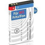 Wicked Chili 1x Akku für AVM Fritz!Fon M3, Ersatzakku mit +20% Kapazität, Ersatzakku für Fritzfon VOIP Telefon, Zubehör für original Fritz Fon Batterie BT239865 Mod. 523450AR1000 (1200mAh Li-Ion)