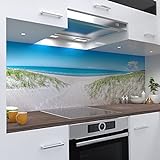One-Wheel | selbstklebende Küchenrückwand | 280x50 cm harte PVC Folie | Wandtattoo für Fliesenspiegel Design Maritim Blau | Motiv: Sandstrand