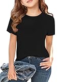 Haloumoning T-Shirt Mädchen Sommer Kurzarm Tops Kinder Tshirts Einfarbige Casual Sport Rundhalsausschnitt Tees Oberteile Schwarz 150