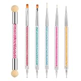 5 Stück Nagel Pinsel Set, Doppel-Ende Nageldesign Pinsel, Acryl Nail art Pinsel Set Nail Art Liner Pinsel Dotting Tool für DIY Nail Art Design (Mit 1 Schwammbürste)