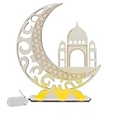 Asudaro Eid Mubarak Holzornament Ramadan Ornament - Eid Halbmond Schloss LED Holz Ornament,4 Styles,Eid Mubarak Dekoration Ramadan Tischdeko,Ramadan Holz Lichter Dekoation
