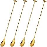 FUNSUEI 4 Stück 27,5 cm langer Barlöffel mit goldfarbenem Griff, goldfarbener Edelstahl-Cocktail-Rührstäbchen mit Spiralmuster, Cocktaillöffel für Cocktails, Säfte, kalte Getränke